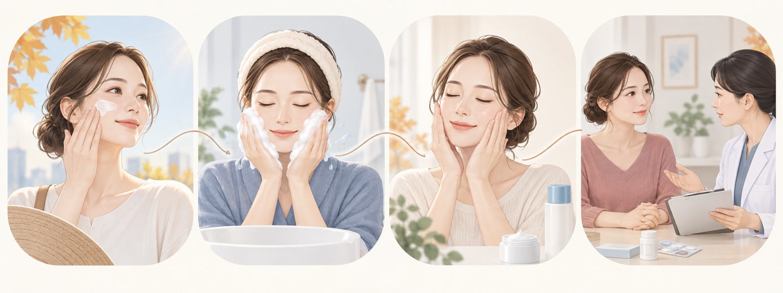 日焼け止め、やさしい洗顔、保湿、医師への相談を示す施術後ケアのイラスト