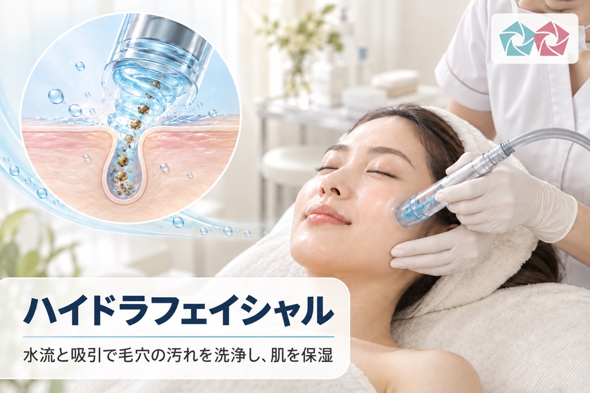 水流と吸引で毛穴の汚れを洗浄するハイドラフェイシャルの施術イメージ