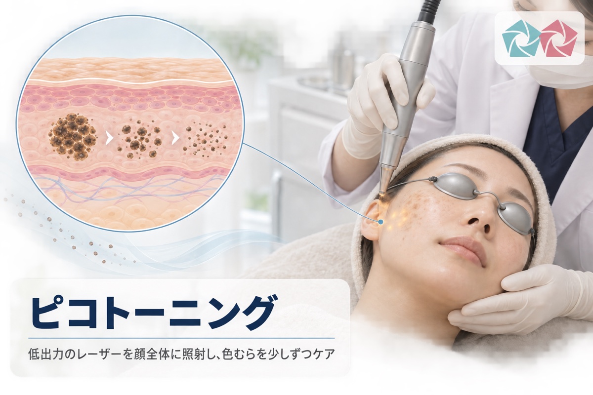 保護用アイシールドを着用して低出力レーザーを照射するピコトーニングの施術イメージ